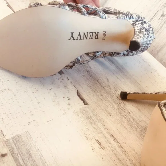 NEW RENVY Snake Print Leather Caged Heel Sandals - Picture 11 of 12